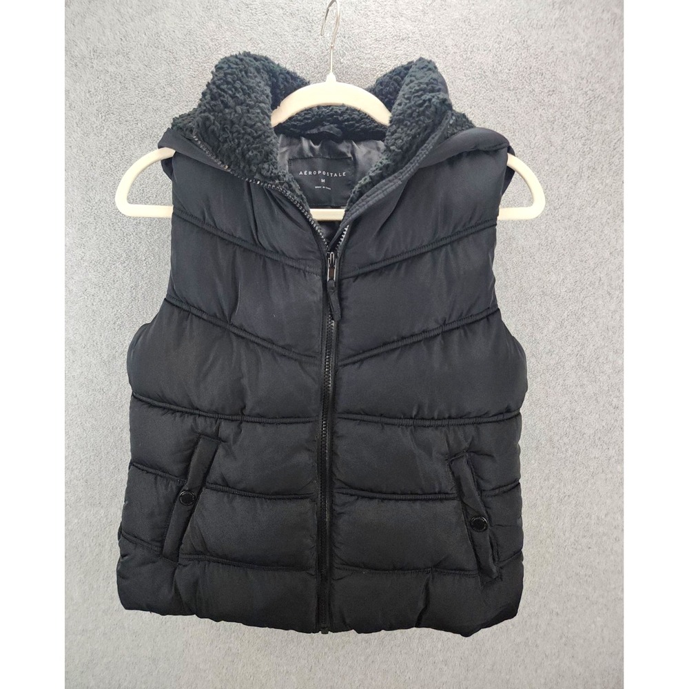 Aéropostale Women's Black Hooded Puffer Vest Zip Pockets Padded Sleeveless M